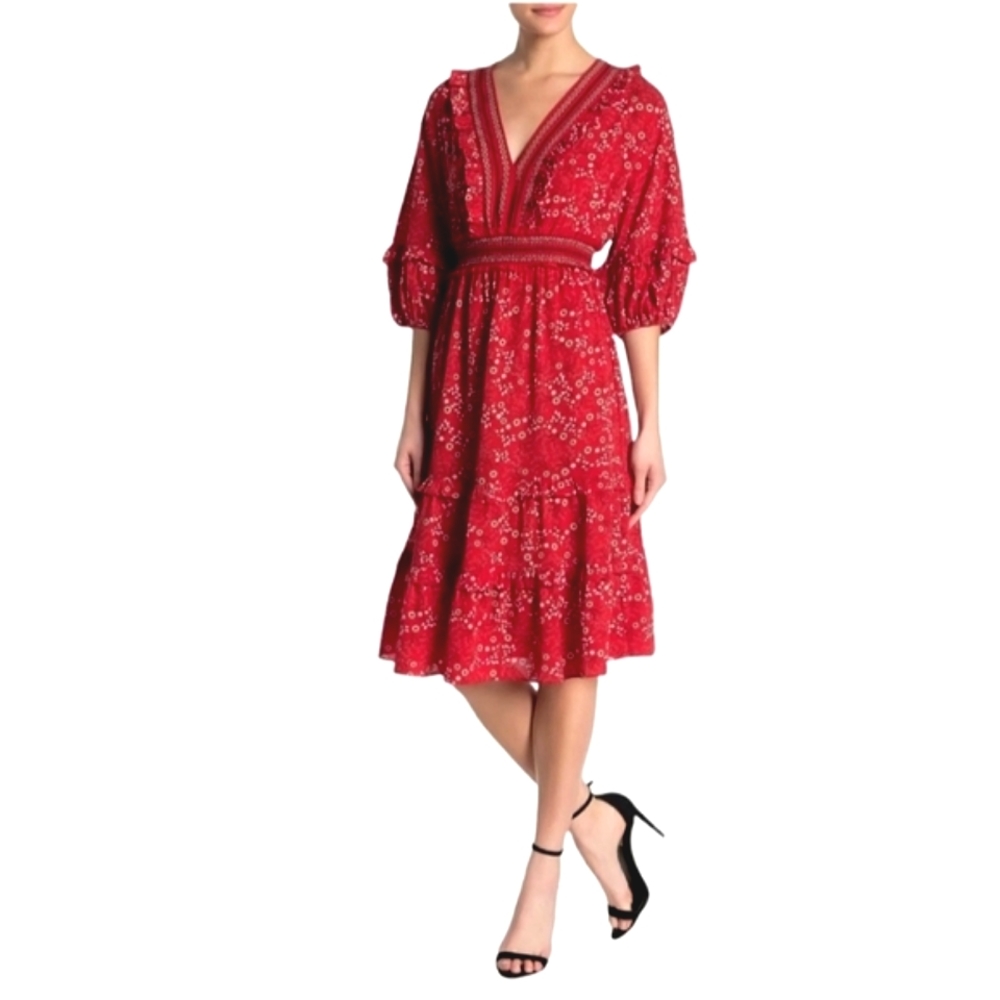 Max Studio Nwot Red/White Floral 3/4 Sleeve Ruffle Tiered Dress